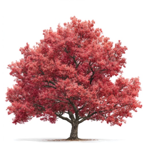 Mature red oak tree with broad canopy of vivid red foliage and strong trunk isolated on a light background.