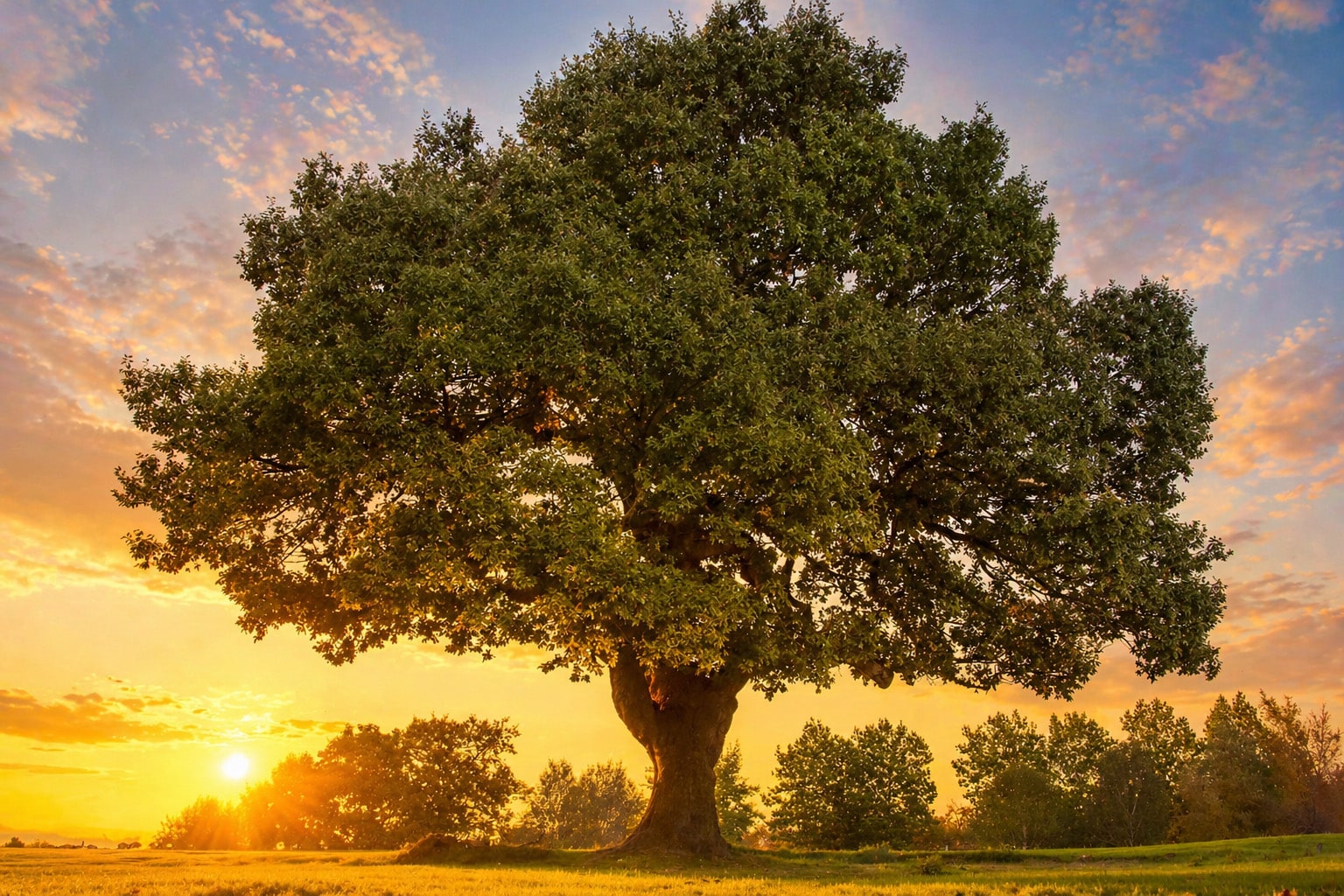 Majestic mature tree at sunrise in a peaceful meadow symbolising legacy, hope and a greener future