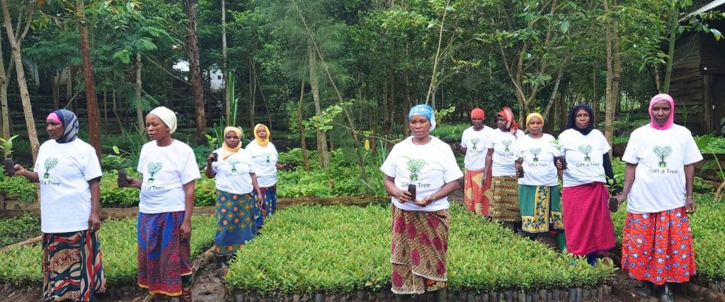 Local tree planting team in Tanzania holding young saplings in a forest nursery for Gift a Tree environmental project