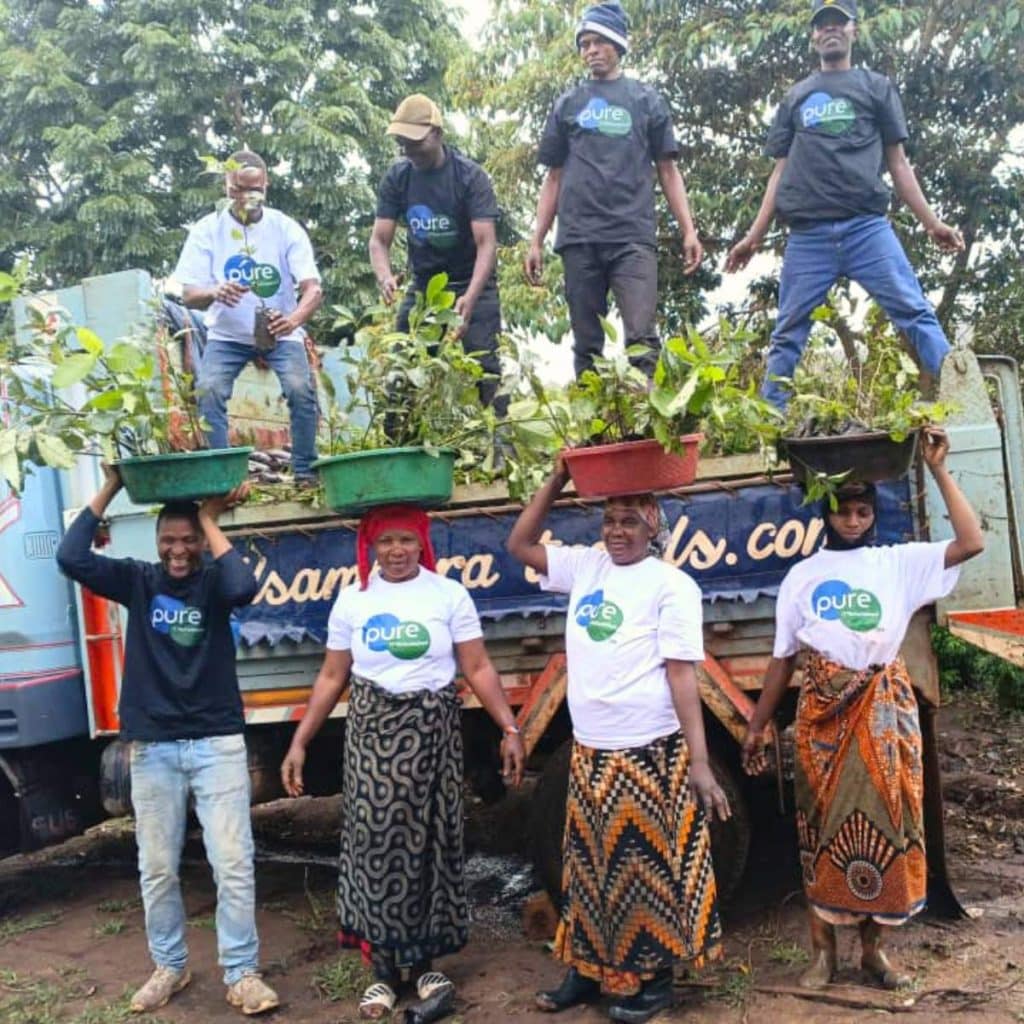 Team in Tanzania unloading and carrying tree saplings for a corporate tree planting project showing real environmental impact