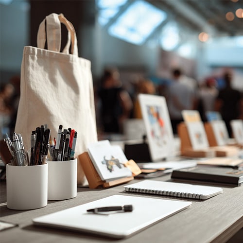 Trade show table with promotional items including pens, tote bag and marketing materials at a busy exhibition