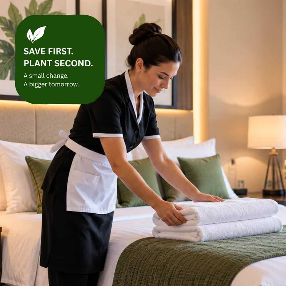 Hotel housekeeper preparing a guest room with fresh bed linen