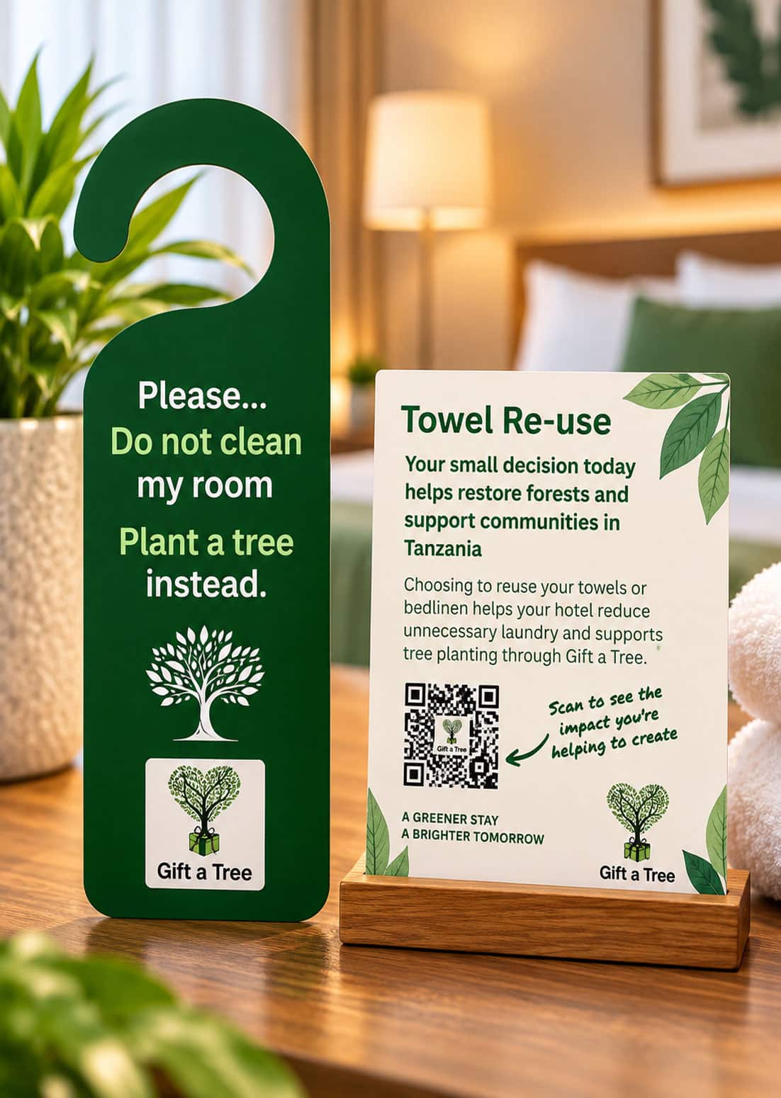 Gift a Tree hotel guest materials including door hangers and room cards