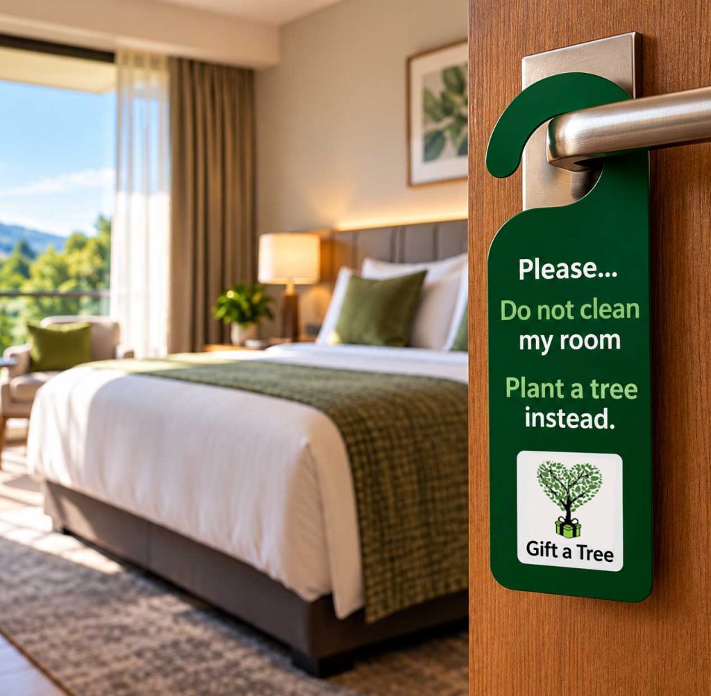 Gift a Tree hotel sustainability door hanger encouraging guests to skip room cleaning and plant a tree
