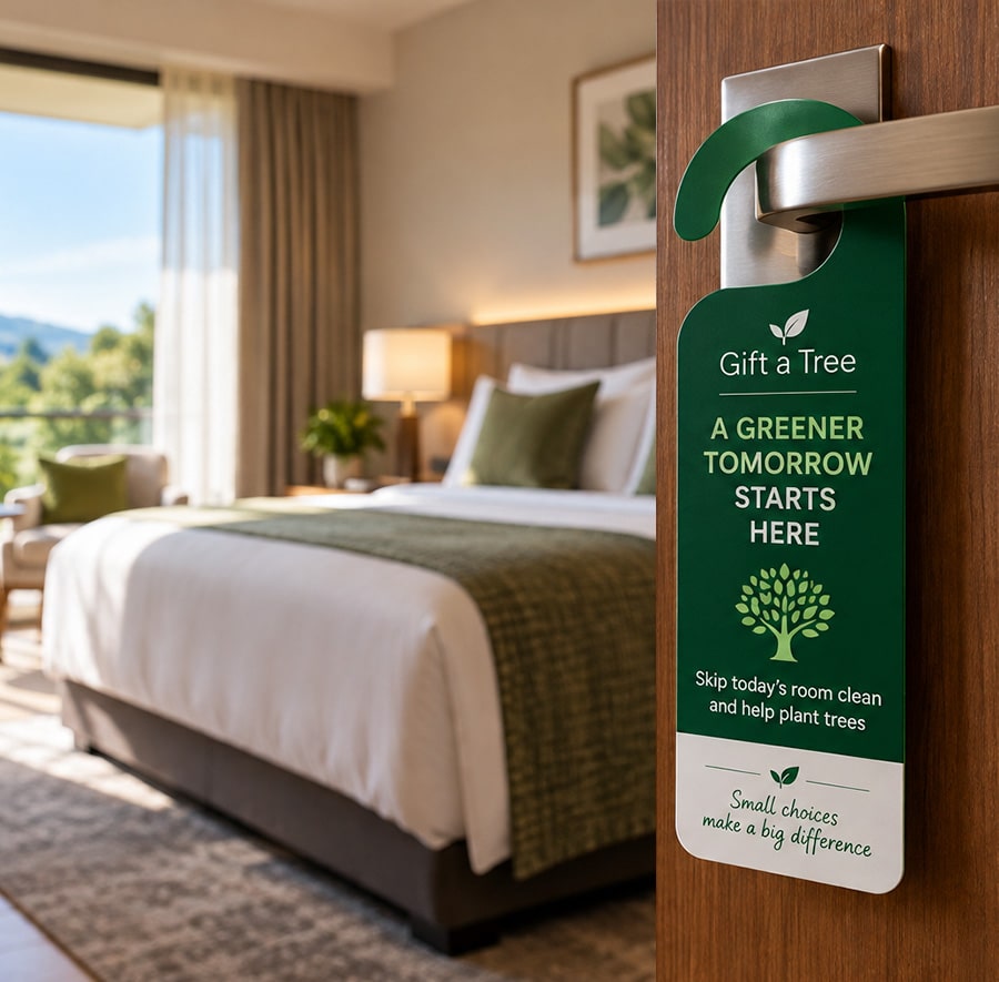 Gift a Tree door hanger displayed on the door of a premium hotel room