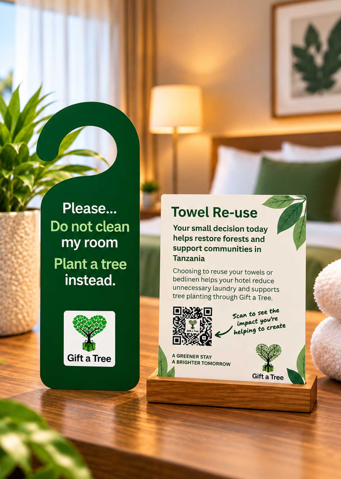 Gift a Tree hotel guest materials including door hangers and room cards